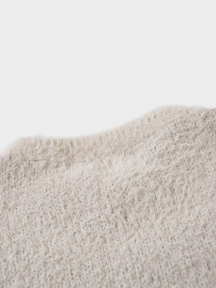 BEIGE FUZZY SWEATER WITH BROWN GRAPHIC Y2K INSPIRED SWEATER