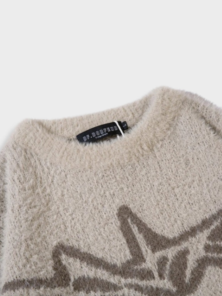 BEIGE FUZZY SWEATER WITH BROWN GRAPHIC Y2K INSPIRED SWEATER