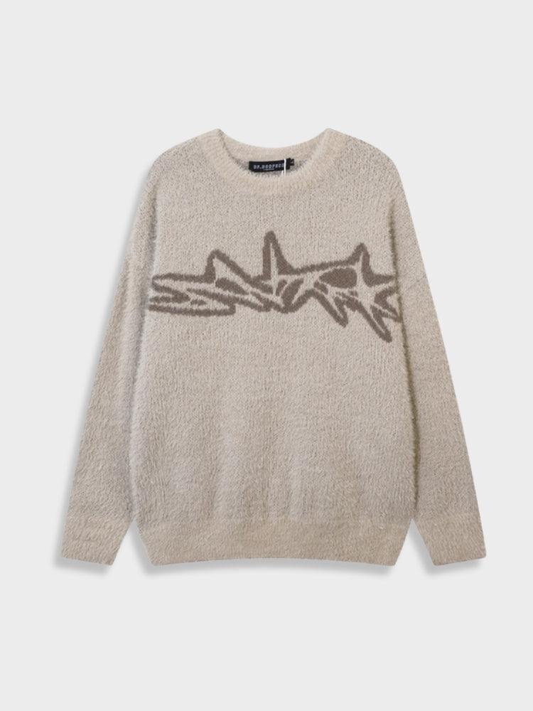 BEIGE FUZZY SWEATER WITH BROWN GRAPHIC Y2K INSPIRED SWEATER