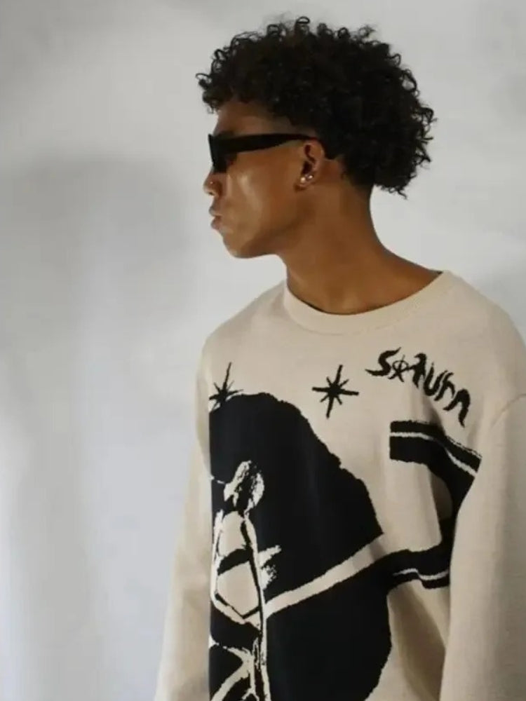 BEIGE GRAPHIC SWEATER FOR EVERYDAY WEAR IN COTTON BLEND CASUAL STYLE