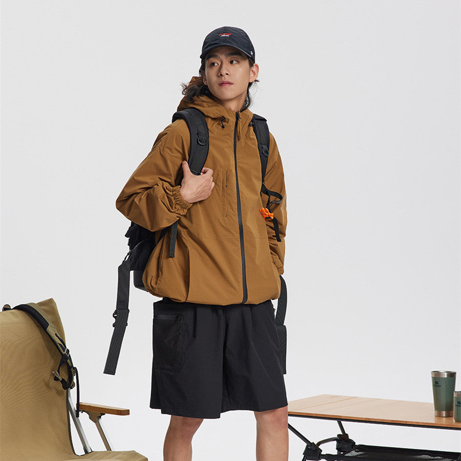 BEIGE HOODED JACKET WITH ZIPPER PREMIUM OVERSIZED FIT JACKET