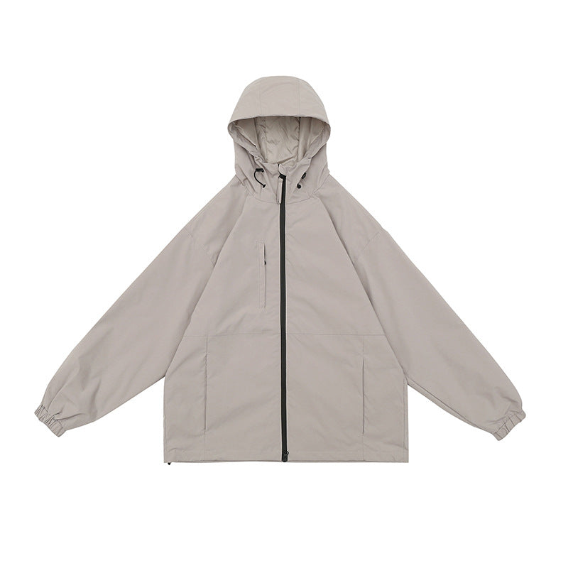 BEIGE HOODED JACKET WITH ZIPPER PREMIUM OVERSIZED FIT JACKET