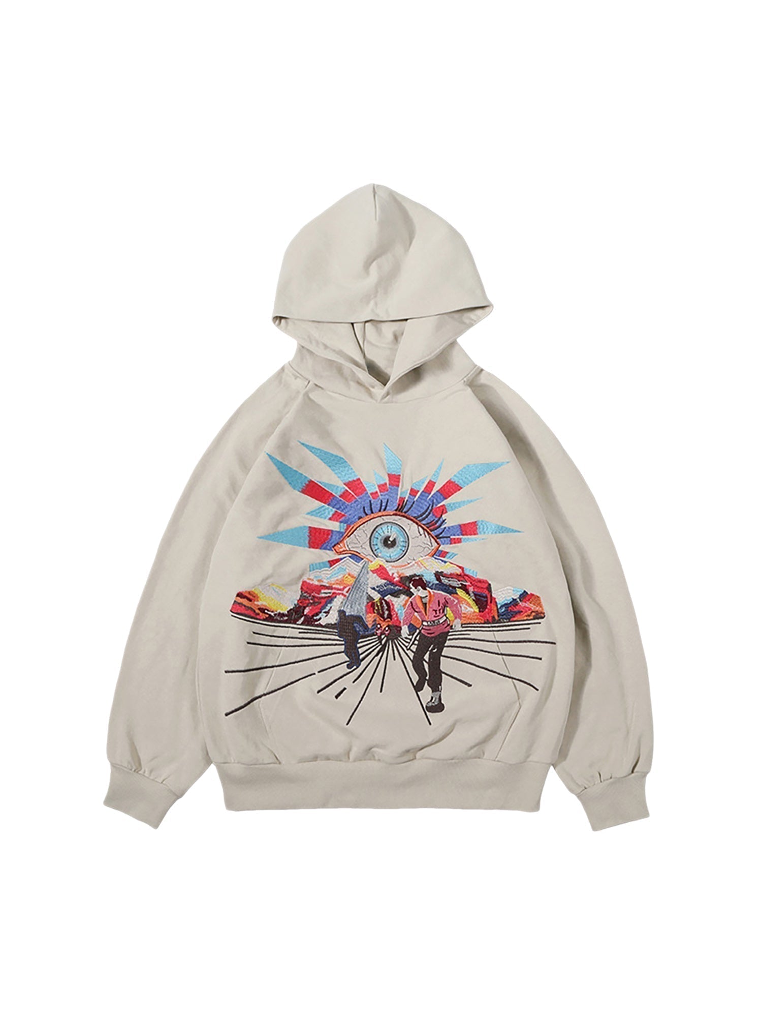 BEIGE HOODED TERRY CLOTH PULLOVER WITH EYE GRAPHIC