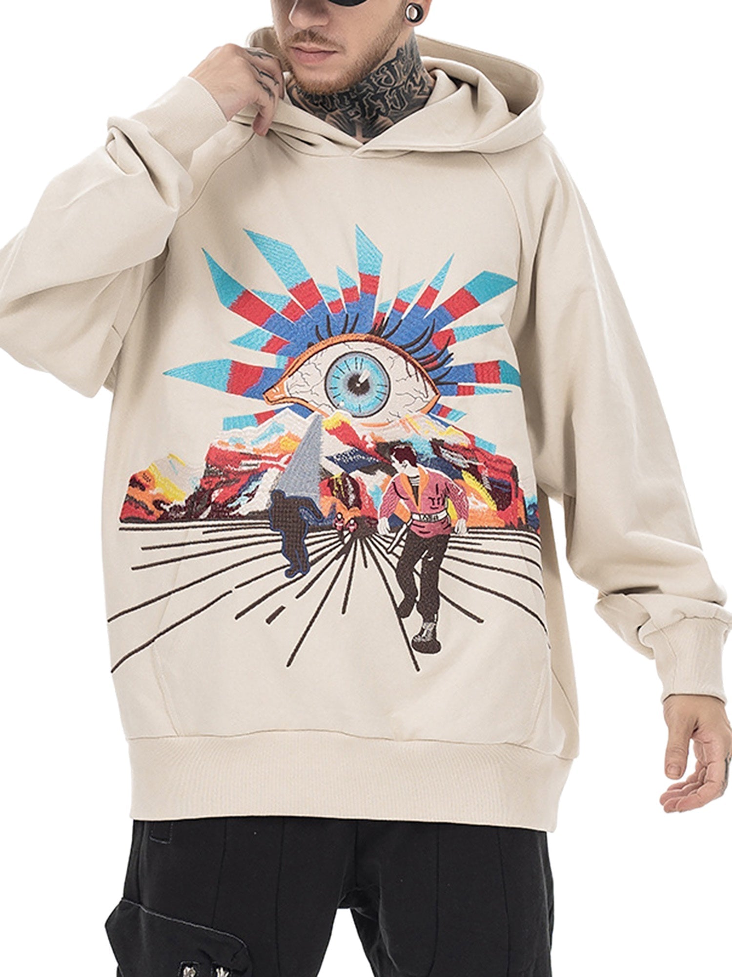 BEIGE HOODED TERRY CLOTH PULLOVER WITH EYE GRAPHIC
