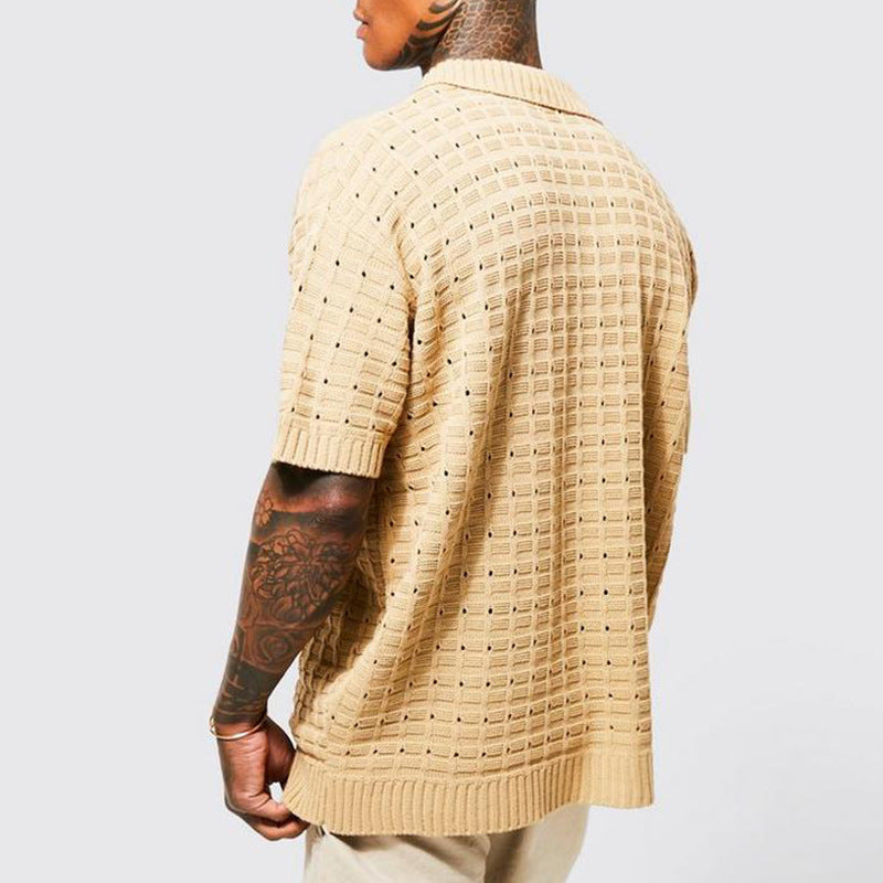 BEIGE KNIT POLO SHIRT WITH SHORT SLEEVES FOR CASUAL WEAR