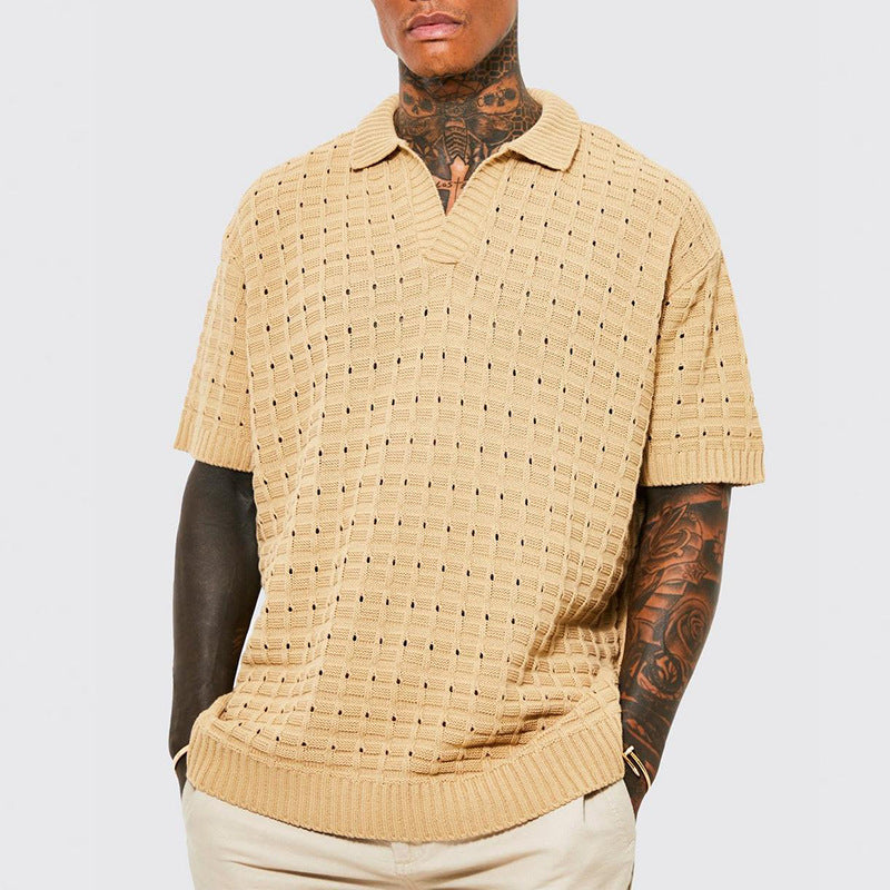 BEIGE KNIT POLO SHIRT WITH SHORT SLEEVES FOR CASUAL WEAR