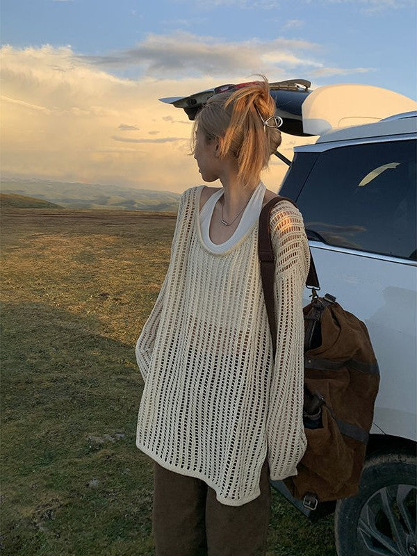 BEIGE KNIT SWEATER WITH CUTOUT DETAILS IN APRICOT TONE, LONG SLEEVE