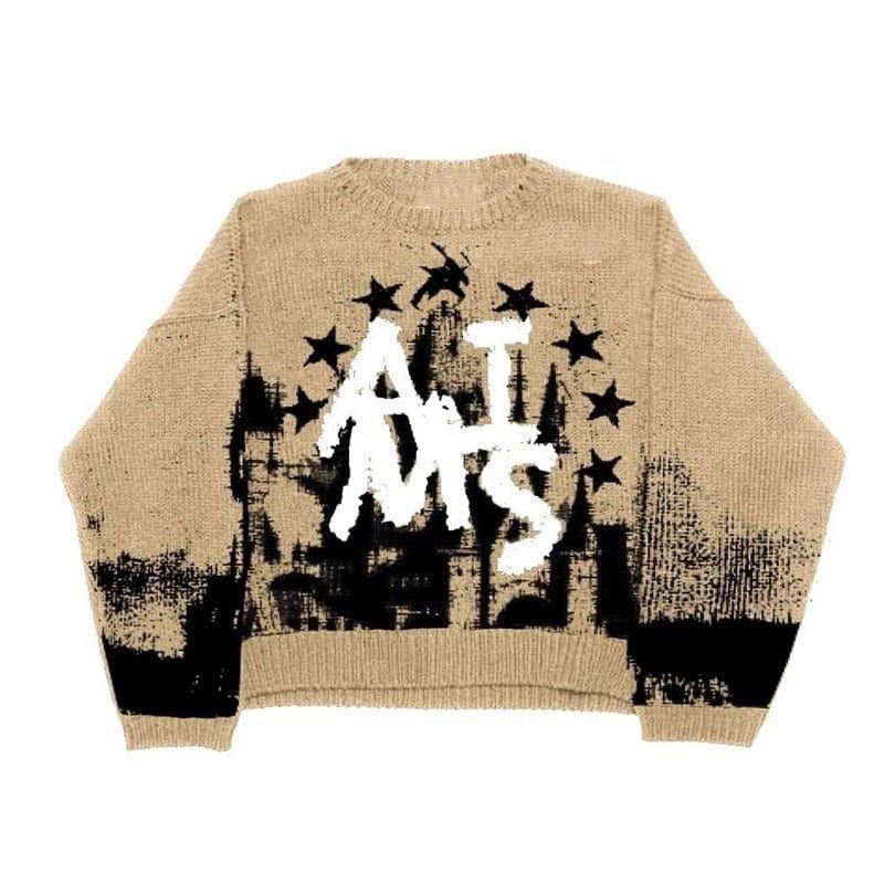BEIGE KNIT SWEATER WITH GRAPHICS FOR ACTIVE LIFESTYLE ATMS KNIT