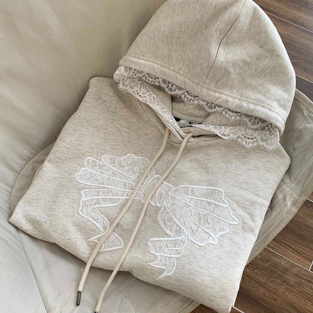 BEIGE LACE TRIM HOODIE: COQUETTE CHARM FOR CASUAL OUTINGS