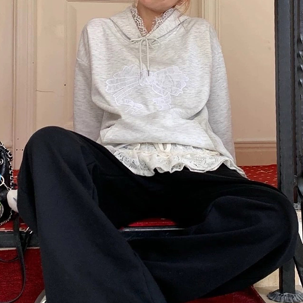 BEIGE LACE TRIM HOODIE: COQUETTE CHARM FOR CASUAL OUTINGS