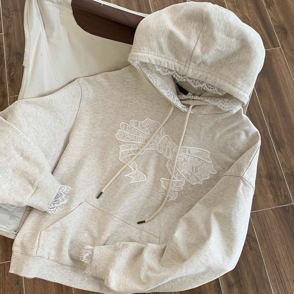 BEIGE LACE TRIM HOODIE: COQUETTE CHARM FOR CASUAL OUTINGS
