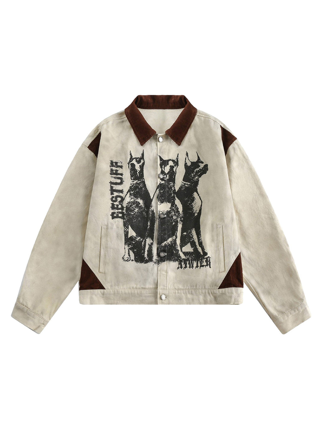 BEIGE LONG SLEEVE JACKET WITH DOG GRAPHIC AND LAPEL COLLAR