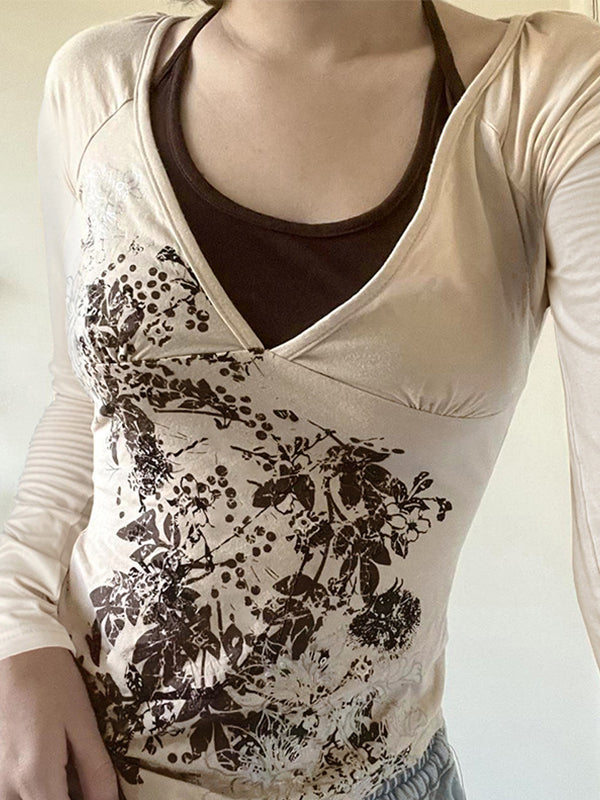 BEIGE LONG SLEEVE TOP WITH FLORAL DESIGN - LOOSE FIT VINTAGE PRINT