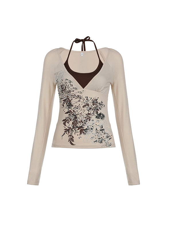 BEIGE LONG SLEEVE TOP WITH FLORAL DESIGN - LOOSE FIT VINTAGE PRINT
