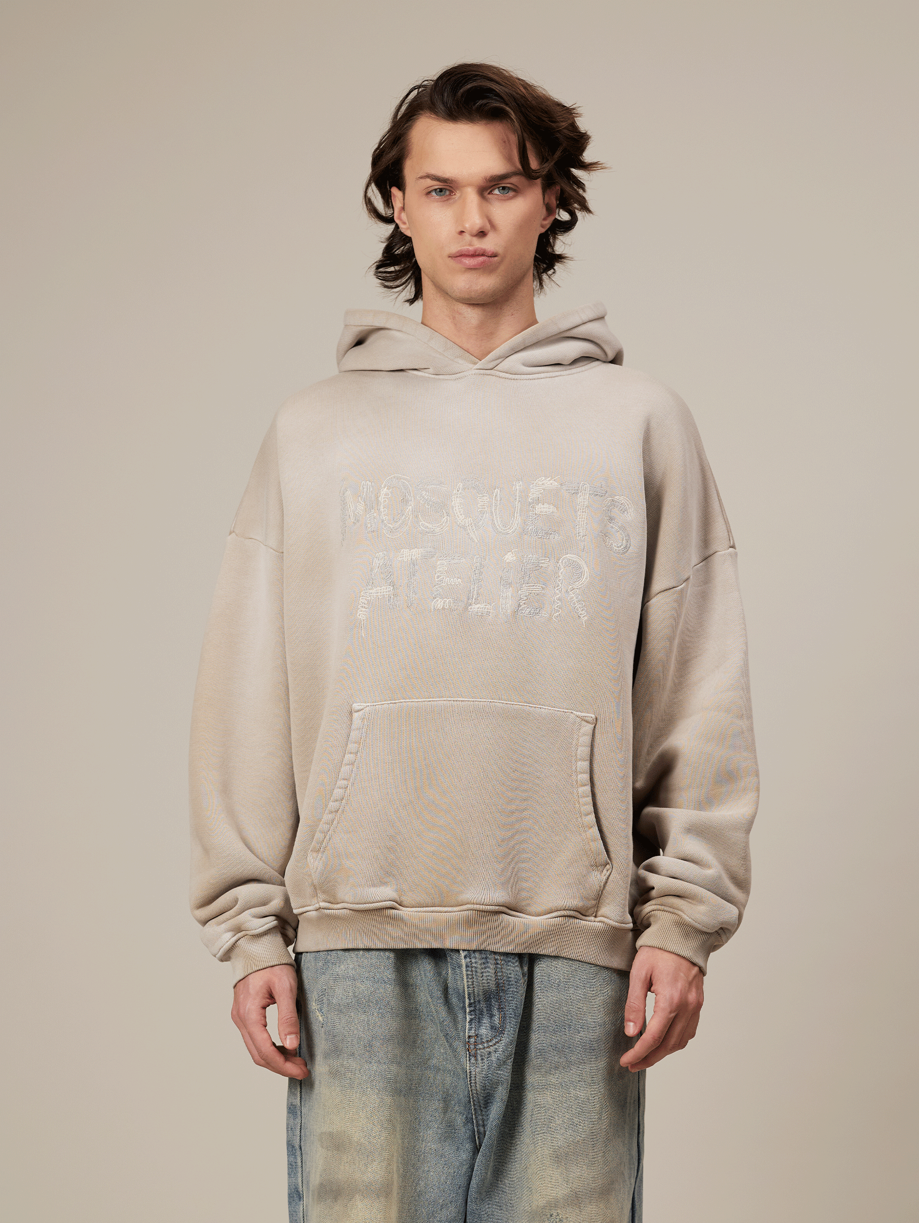 BEIGE LOOPBACK OVERSIZED SWEATSHIRT WITH FRONT POCKET