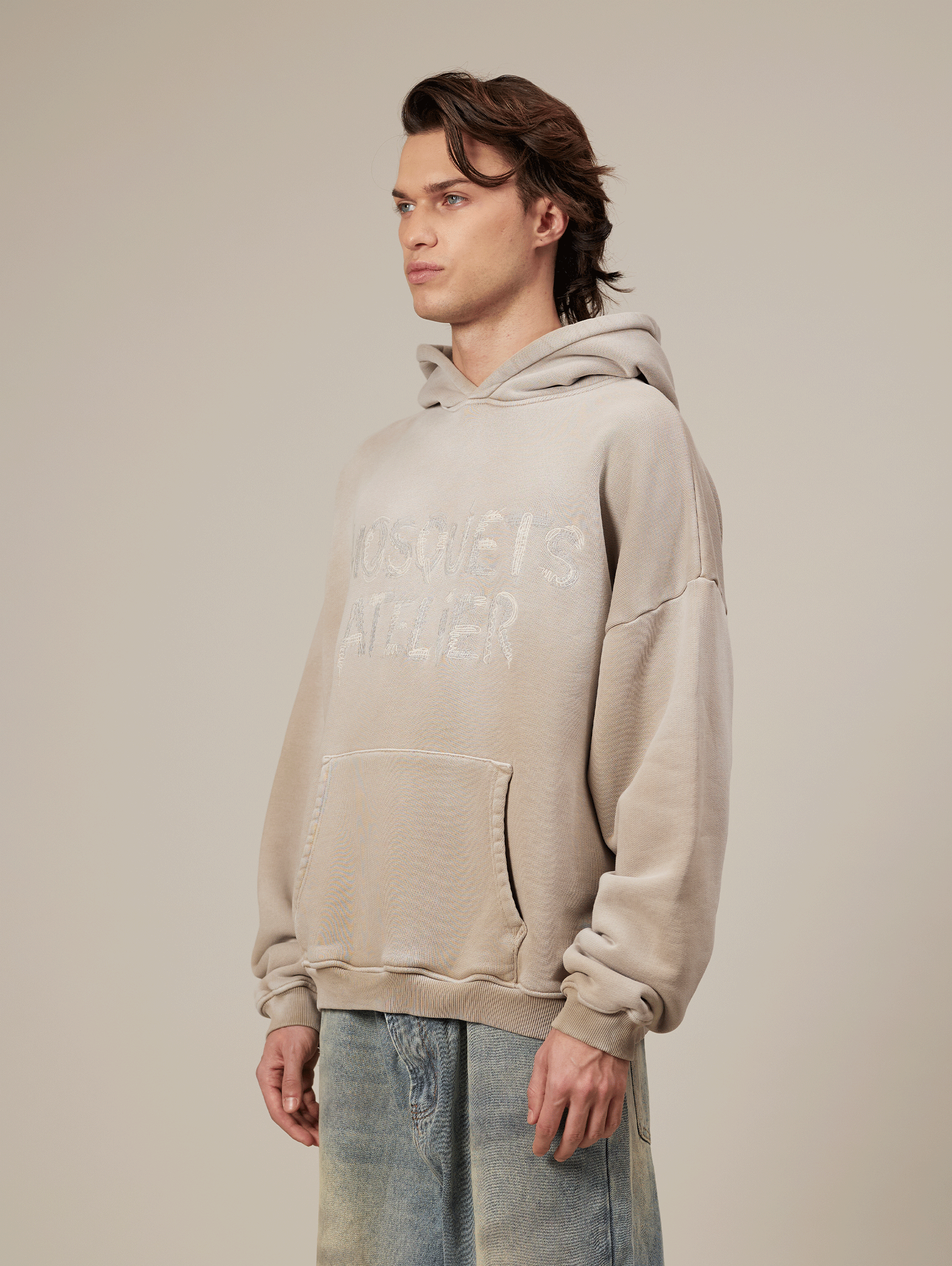 BEIGE LOOPBACK OVERSIZED SWEATSHIRT WITH FRONT POCKET