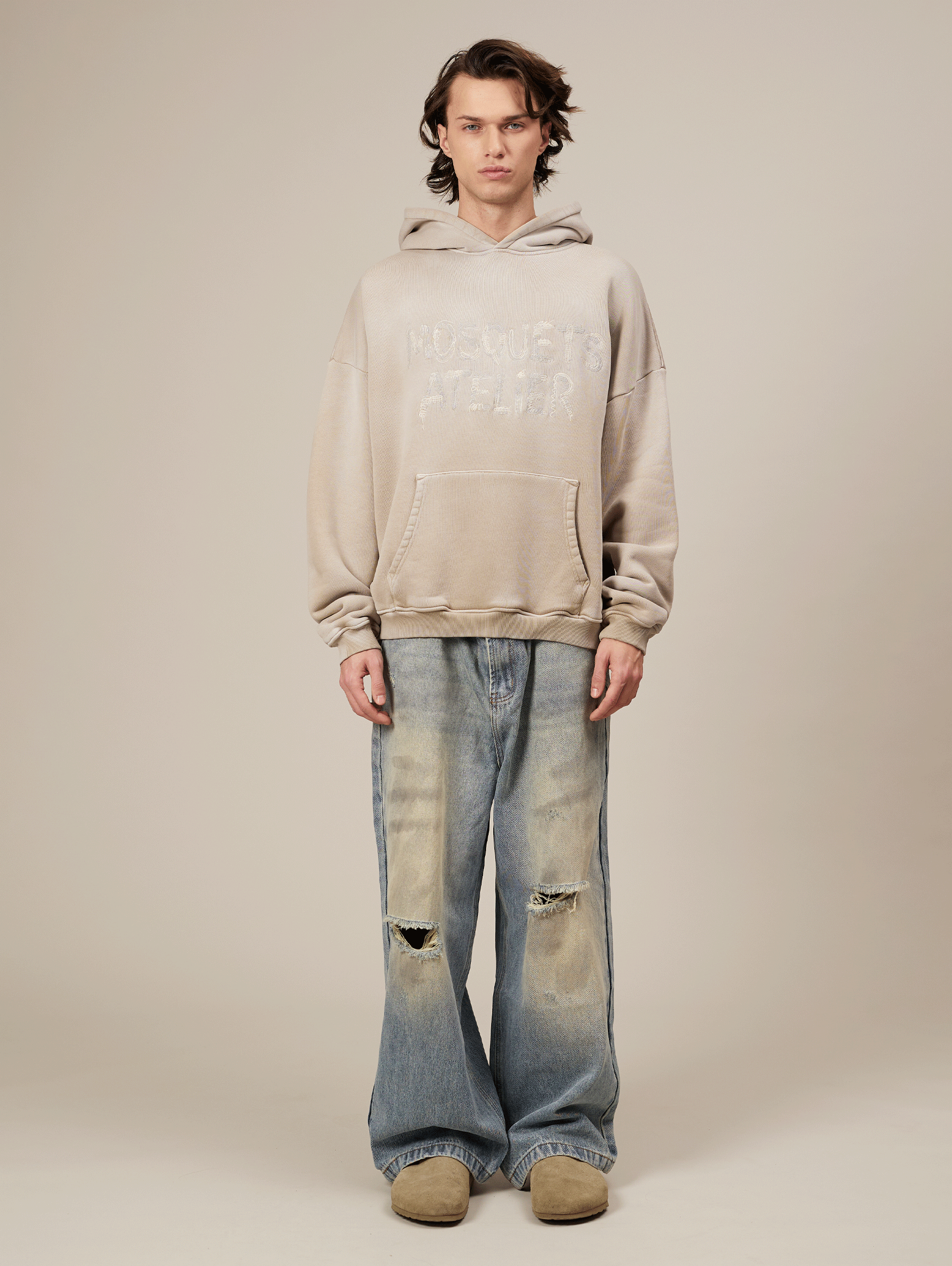 BEIGE LOOPBACK OVERSIZED SWEATSHIRT WITH FRONT POCKET