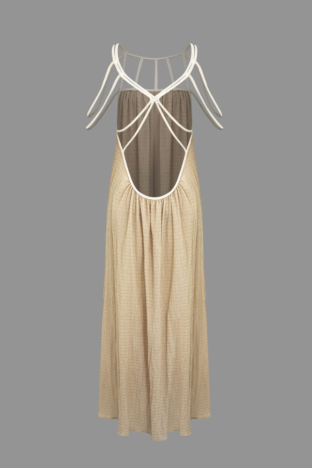 BEIGE MAXI DRESS WITH WHITE STRAPS COTTON HOLIDAY DRESS