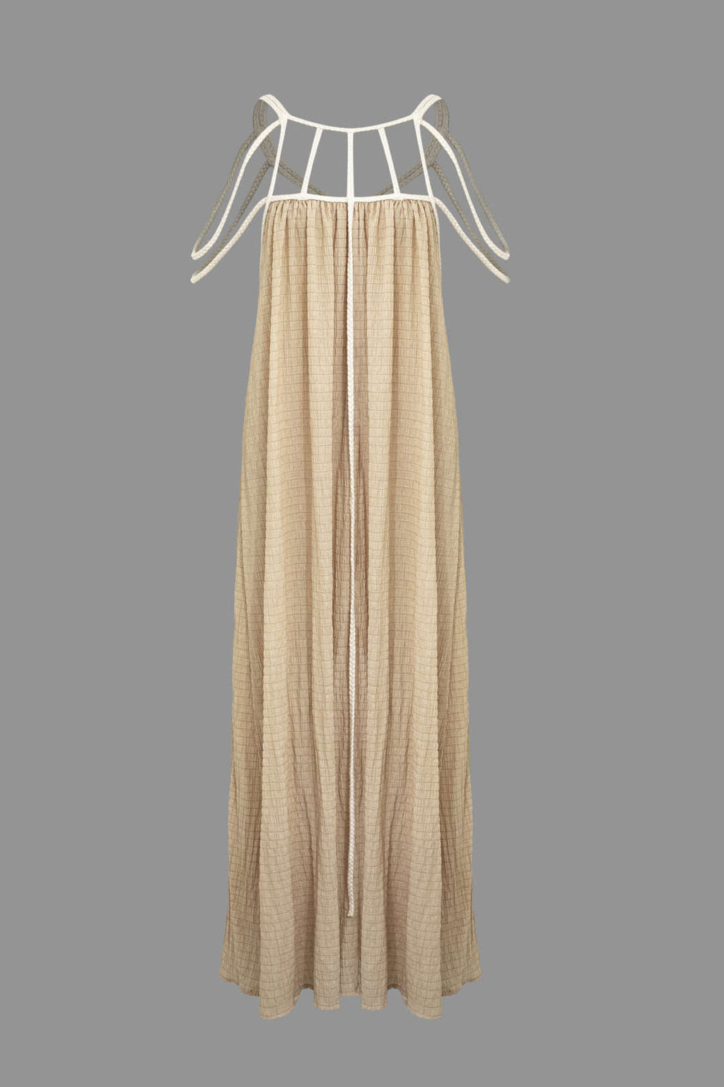 BEIGE MAXI DRESS WITH WHITE STRAPS COTTON HOLIDAY DRESS