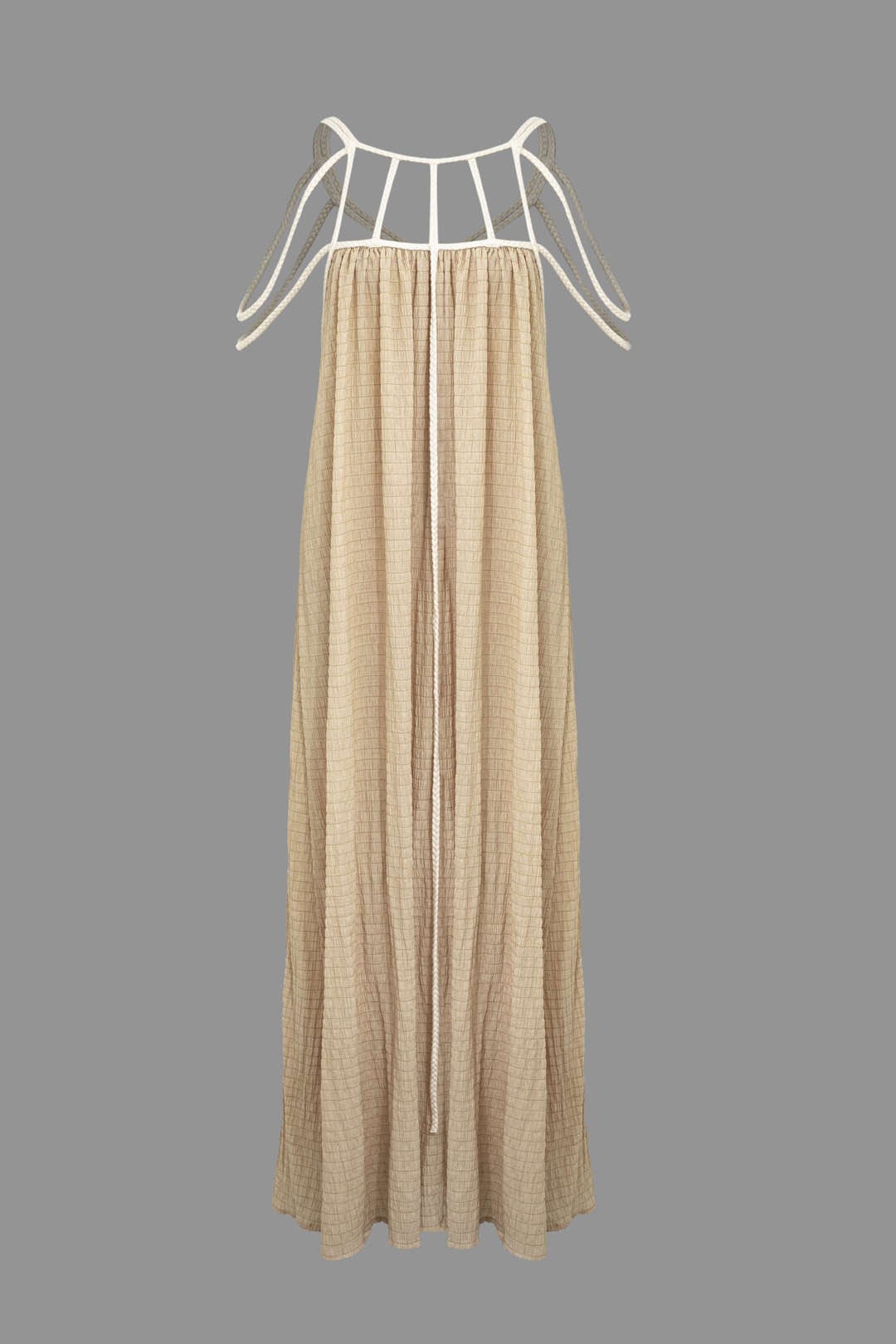 BEIGE MAXI DRESS WITH WHITE STRAPS COTTON HOLIDAY DRESS