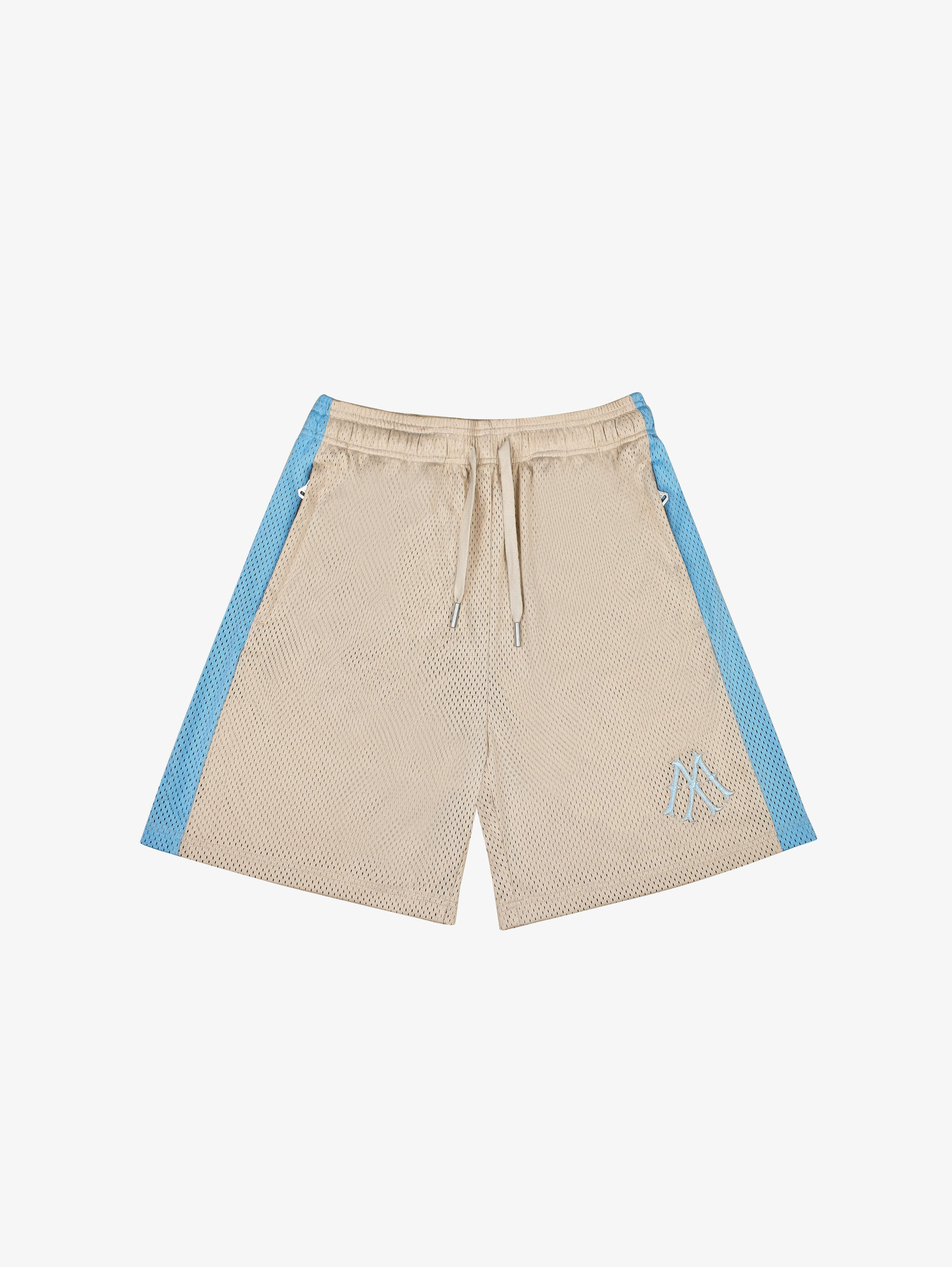 BEIGE MESH SHORTS WITH BLUE SIDE STRIPES - LUXURY STREETWEAR, LIGHT BLUE