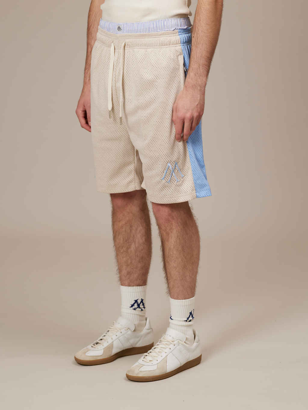 BEIGE MESH SHORTS WITH BLUE SIDE STRIPES - LUXURY STREETWEAR, LIGHT BLUE
