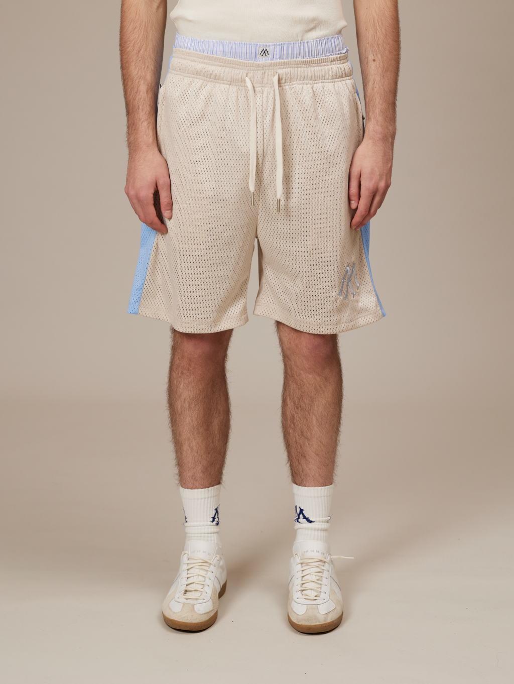BEIGE MESH SHORTS WITH BLUE SIDE STRIPES - LUXURY STREETWEAR, LIGHT BLUE