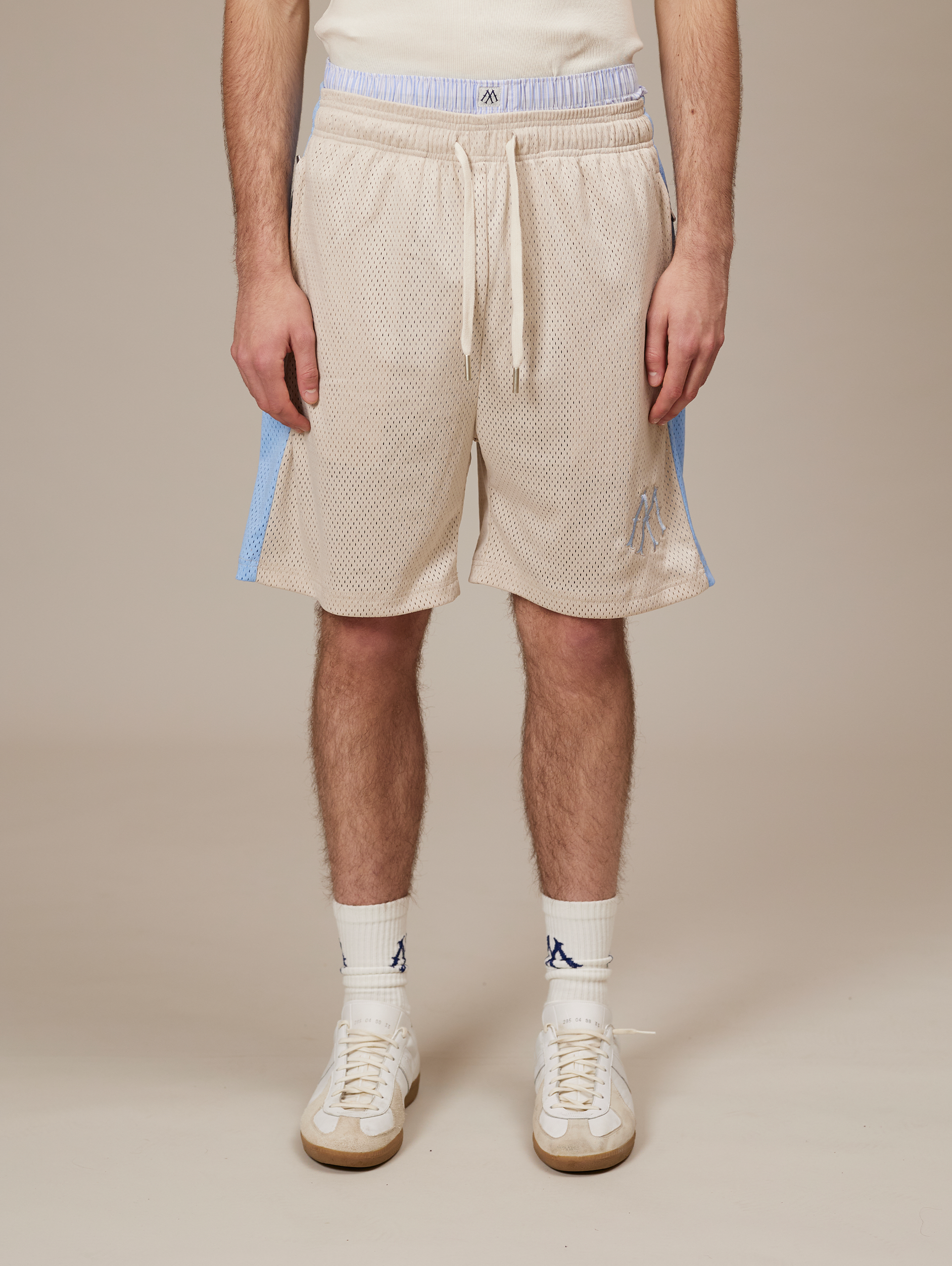 BEIGE MESH SHORTS WITH BLUE SIDE STRIPES - LUXURY STREETWEAR, LIGHT BLUE