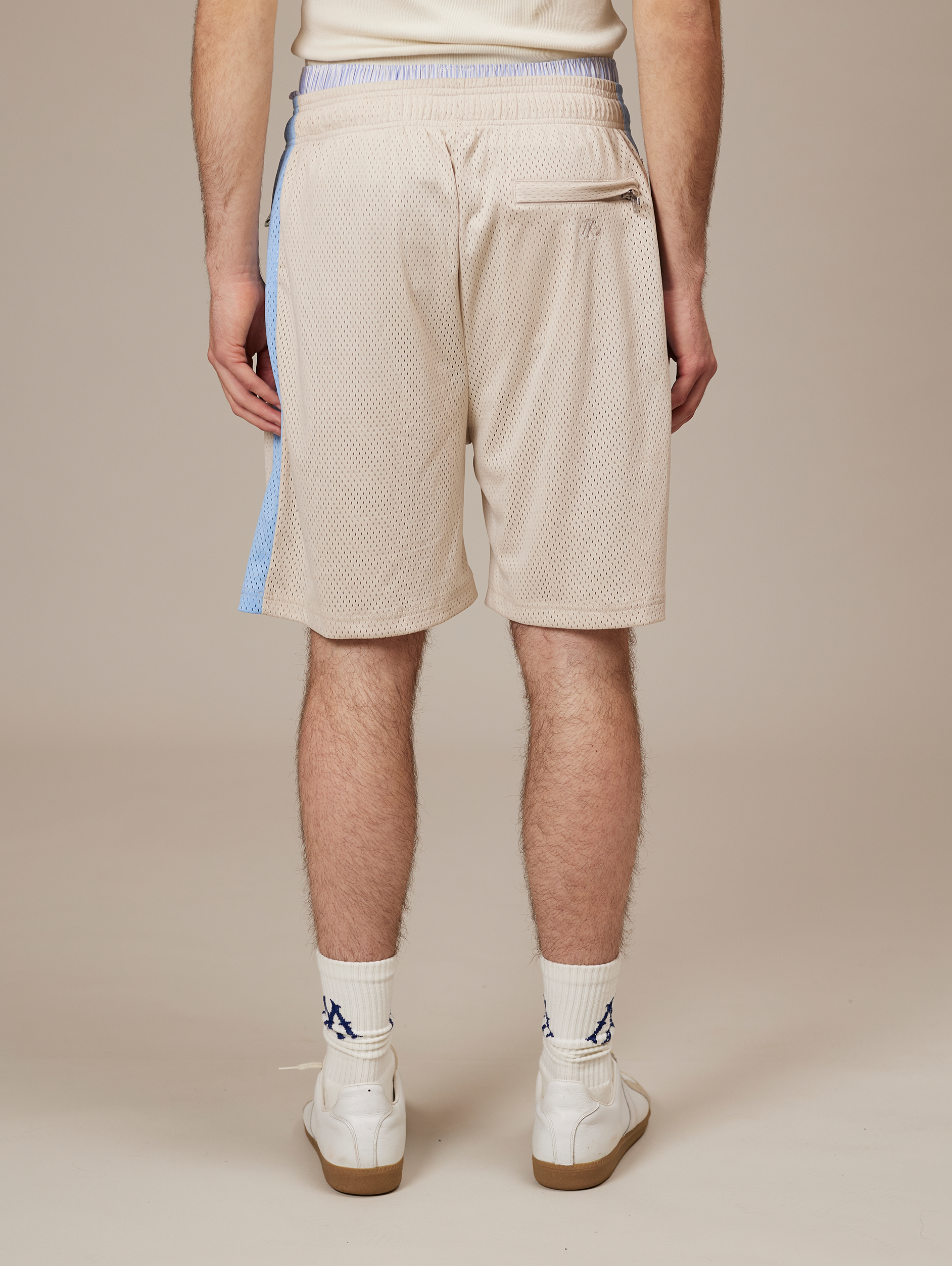 BEIGE MESH SHORTS WITH BLUE SIDE STRIPES - LUXURY STREETWEAR, LIGHT BLUE