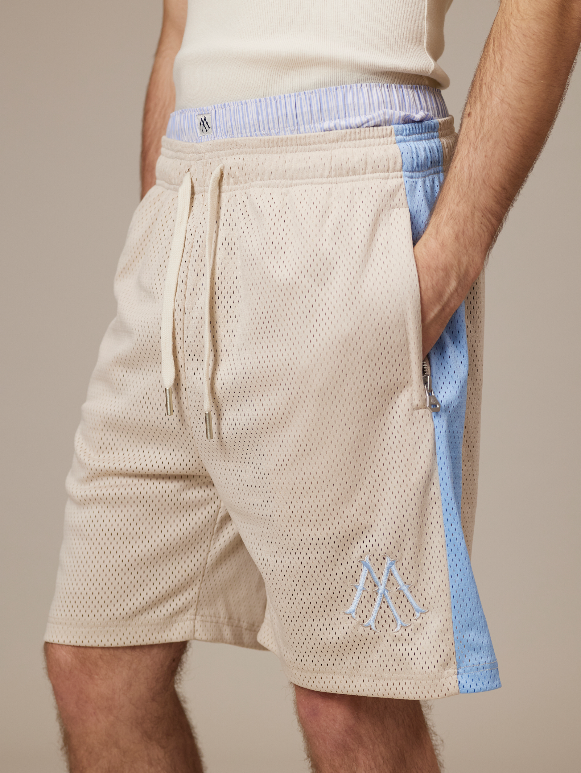 BEIGE MESH SHORTS WITH BLUE SIDE STRIPES - LUXURY STREETWEAR, LIGHT BLUE