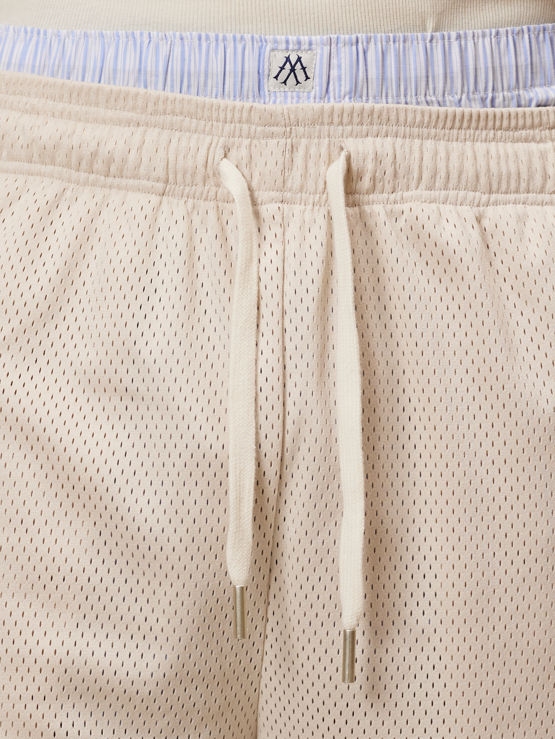BEIGE MESH SHORTS WITH BLUE SIDE STRIPES - LUXURY STREETWEAR, LIGHT BLUE