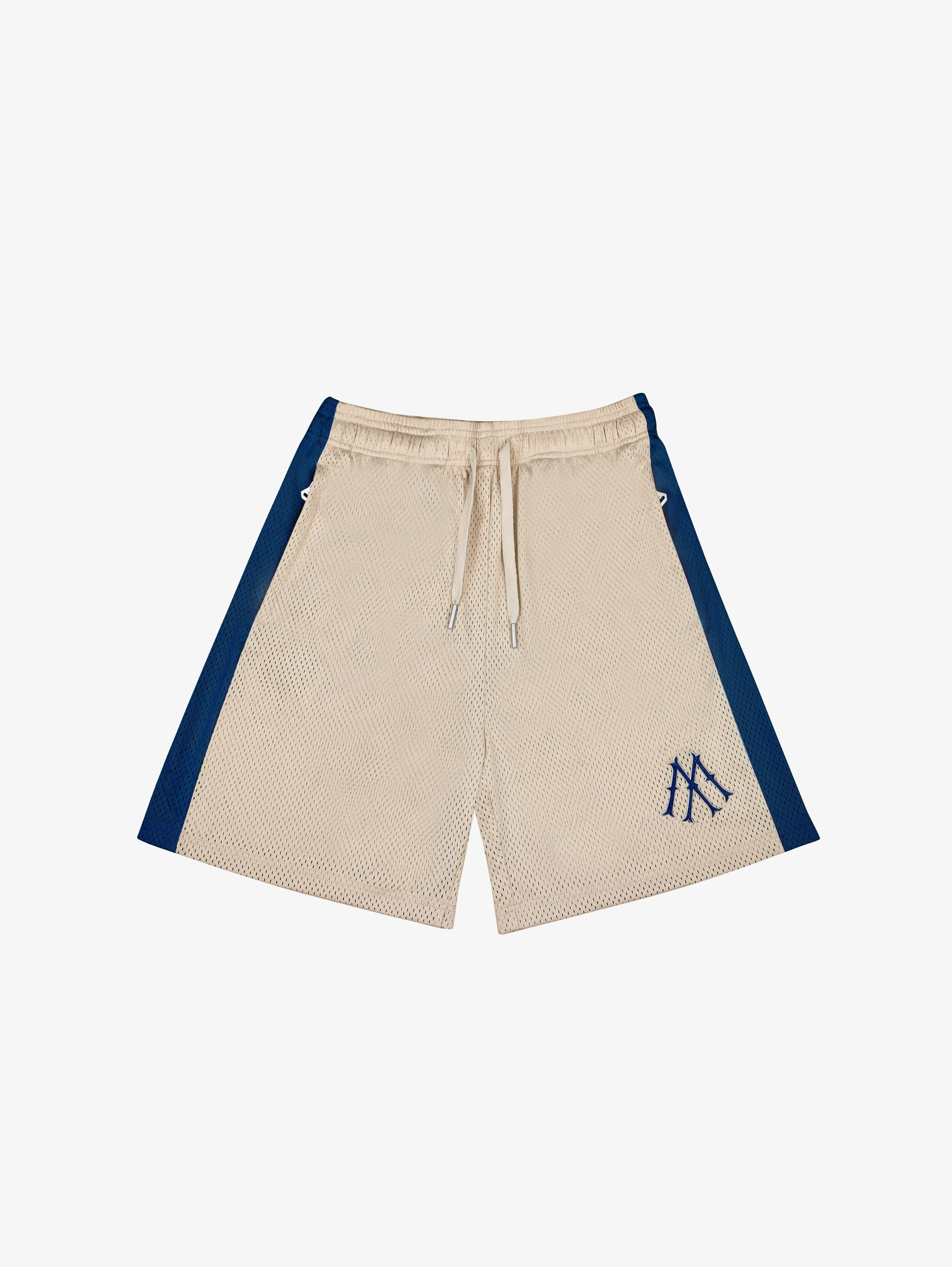 BEIGE MESH SHORTS WITH DARK BLUE STRIPE FOR LUXURY STREETWEAR