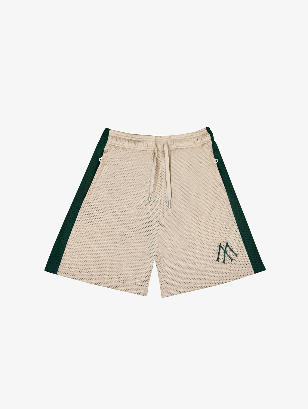 BEIGE MESH SHORTS WITH DARK GREEN STRIPE