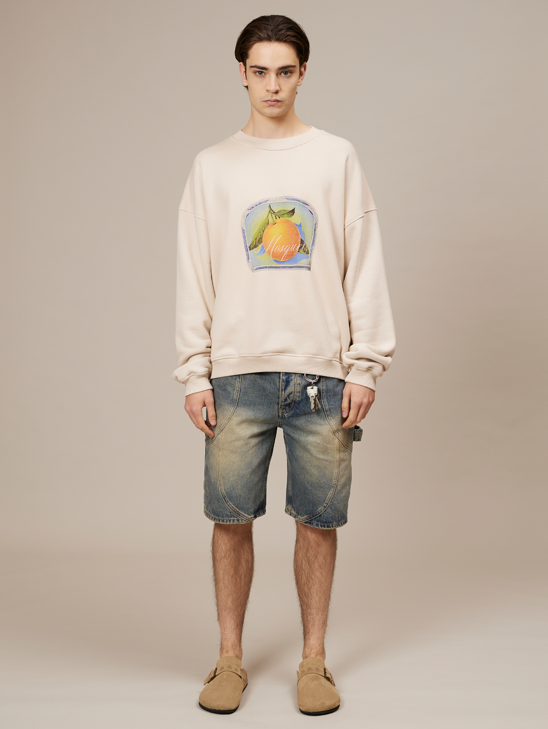 BEIGE OVERSIZED DROPPED COTTON LOOPBACK SWEATSHIRT WITH ORANGE GRAPHIC