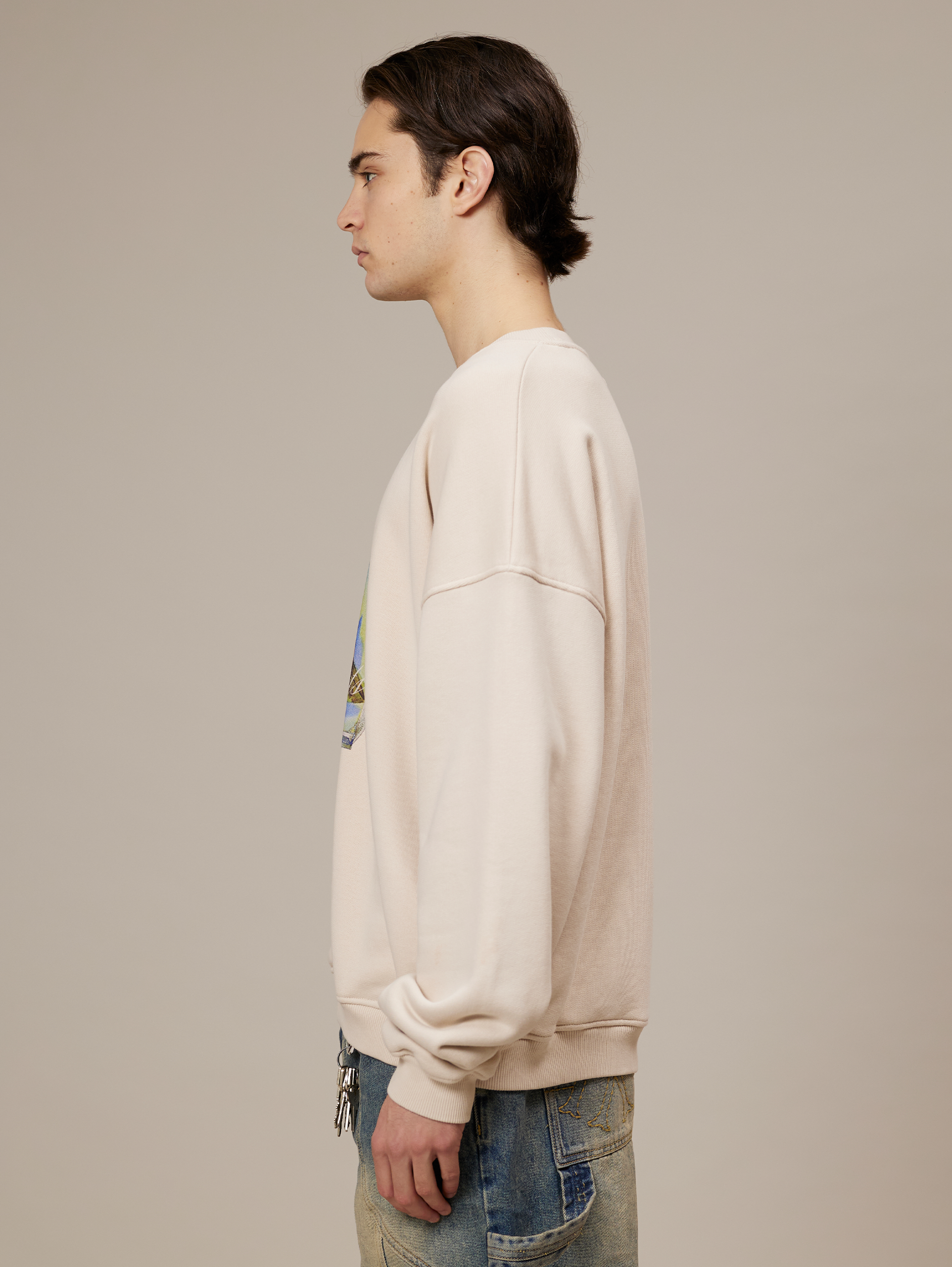 BEIGE OVERSIZED DROPPED COTTON LOOPBACK SWEATSHIRT WITH ORANGE GRAPHIC