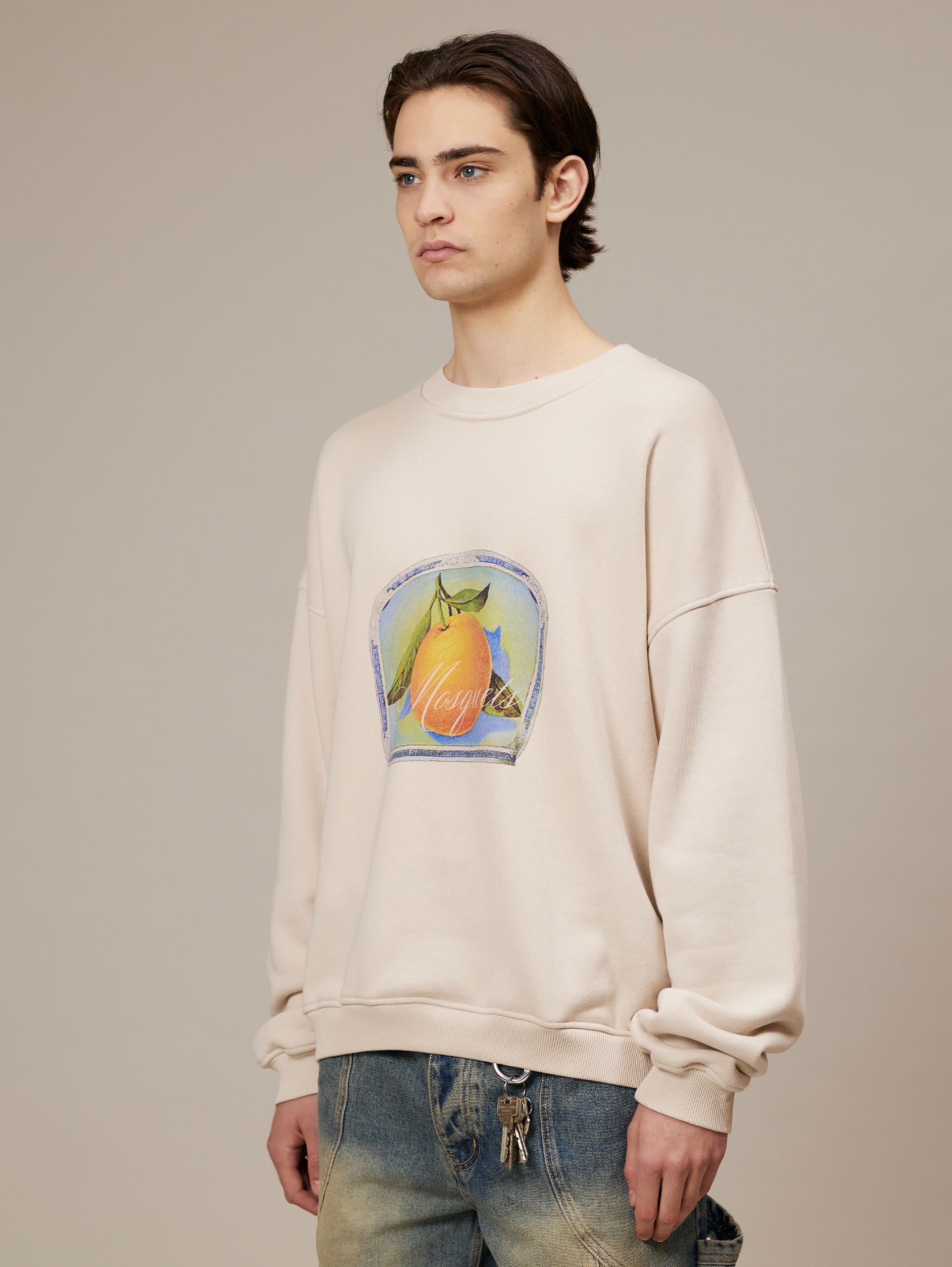 BEIGE OVERSIZED DROPPED COTTON LOOPBACK SWEATSHIRT WITH ORANGE GRAPHIC