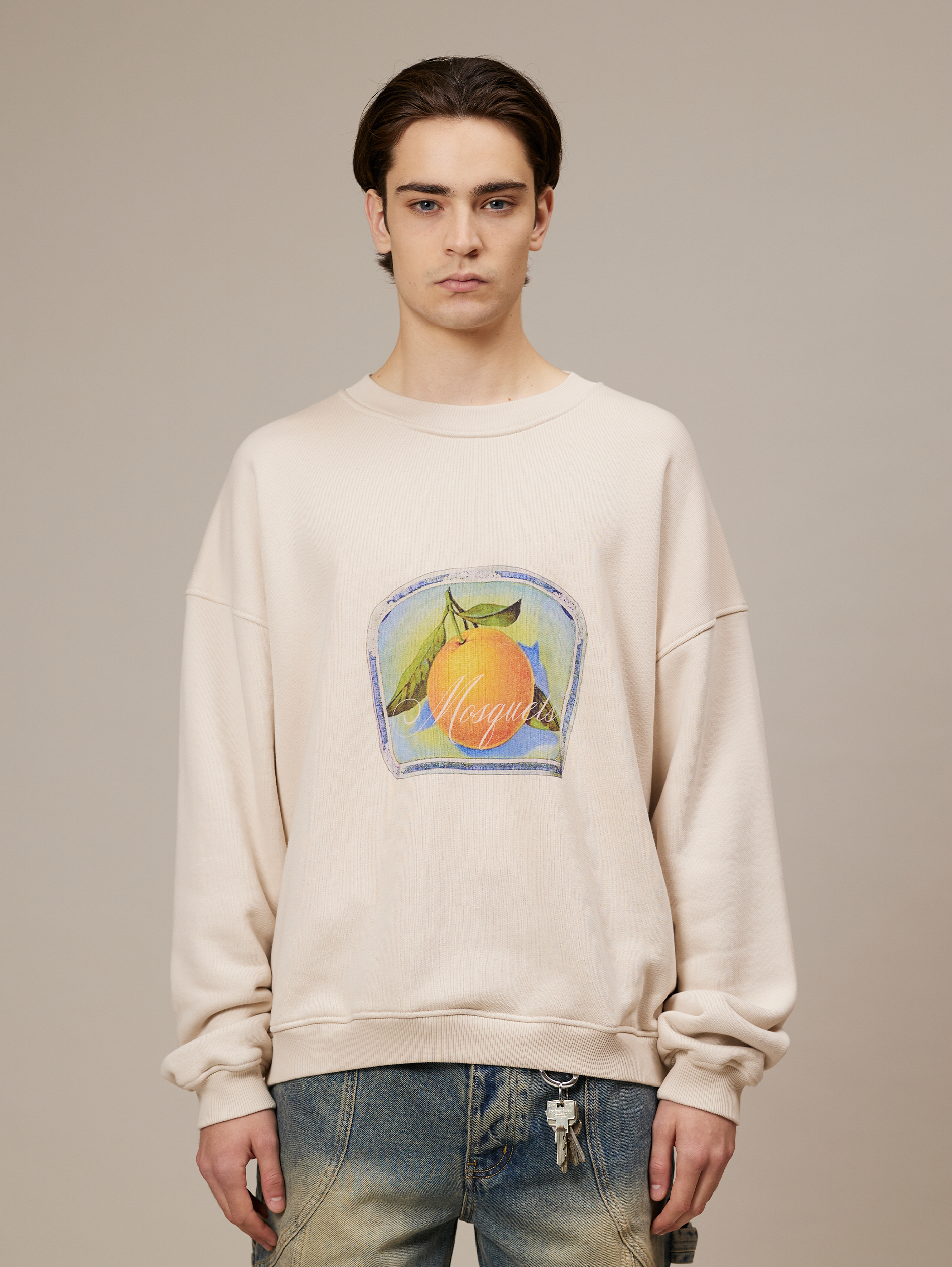 BEIGE OVERSIZED DROPPED COTTON LOOPBACK SWEATSHIRT WITH ORANGE GRAPHIC