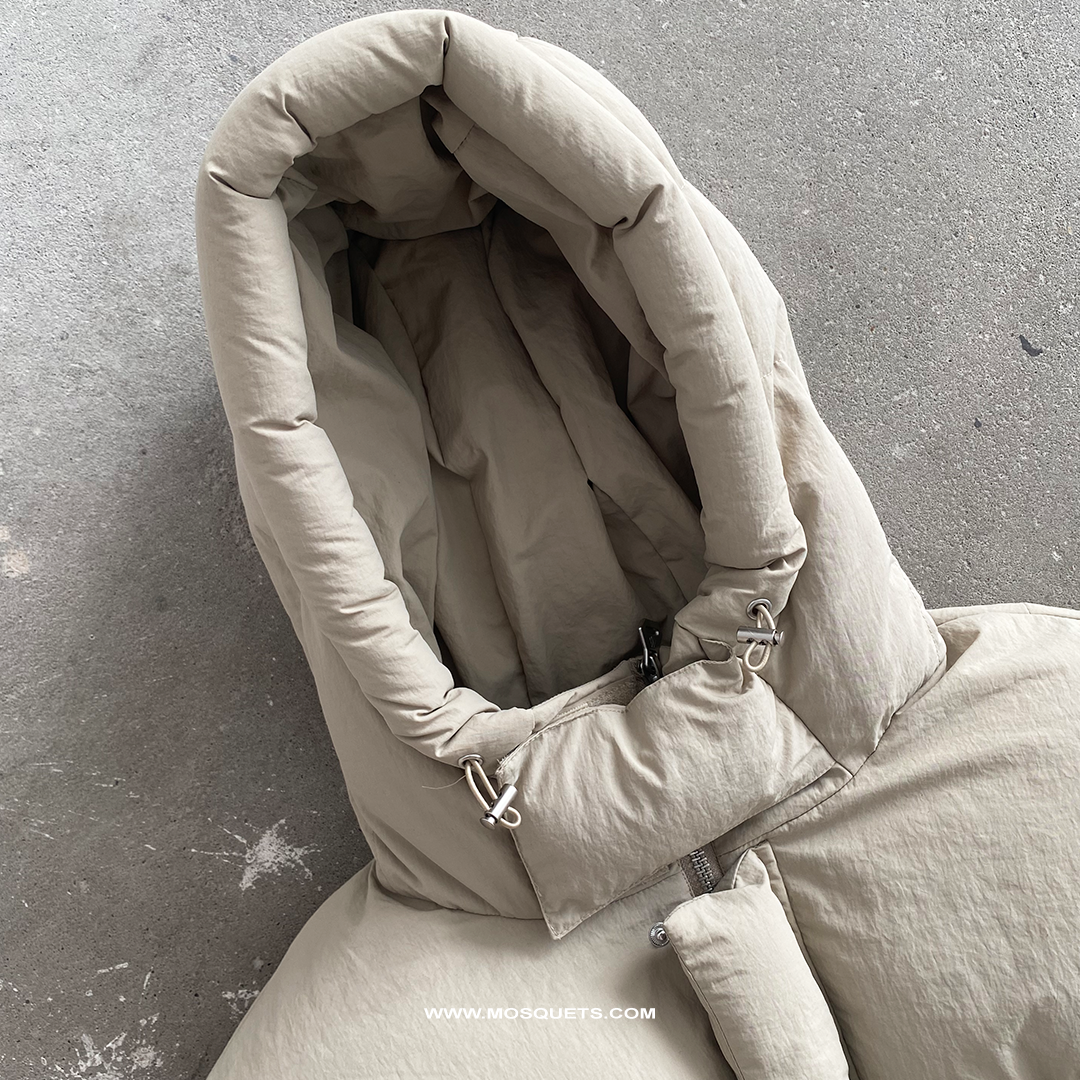 BEIGE OVERSIZED DROPPED SHOULDER HOODED PUFFER JACKET