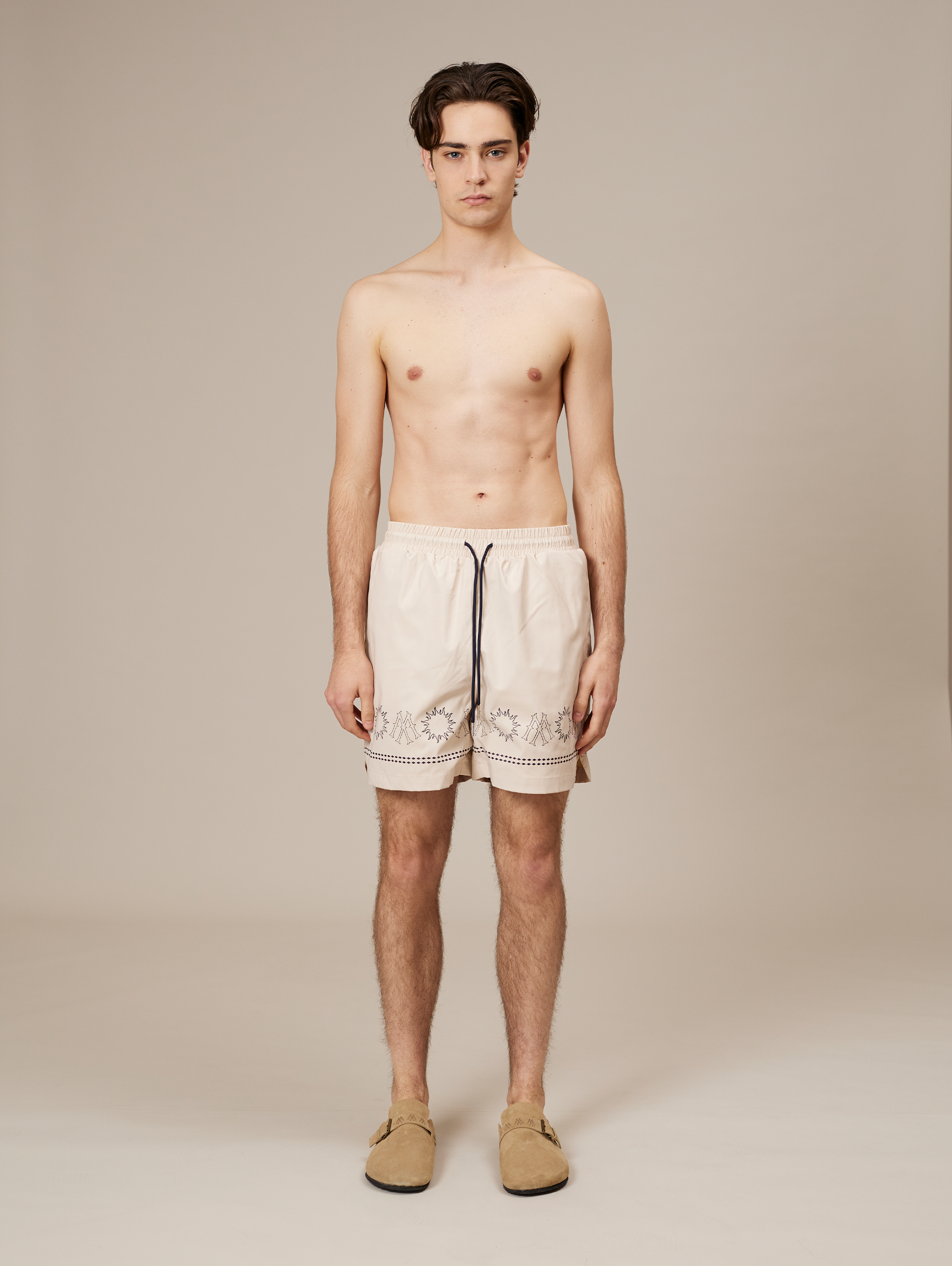 BEIGE PATTERNED SWIM TRUNKS WATERPROOF STREETWEAR SHORTS