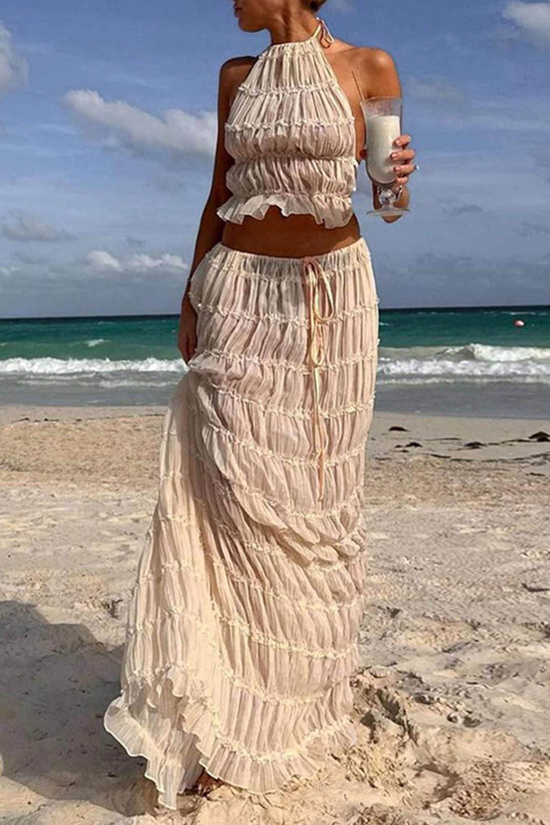 BEIGE RUFFLED HALTER TOP AND MAXI SKIRT SET FOR SPECIAL OCCASION