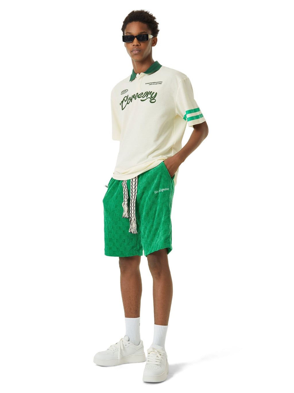 BEIGE SHORT SLEEVE POLO SHIRT WITH GREEN ACCENTS - TRENDY CASUAL