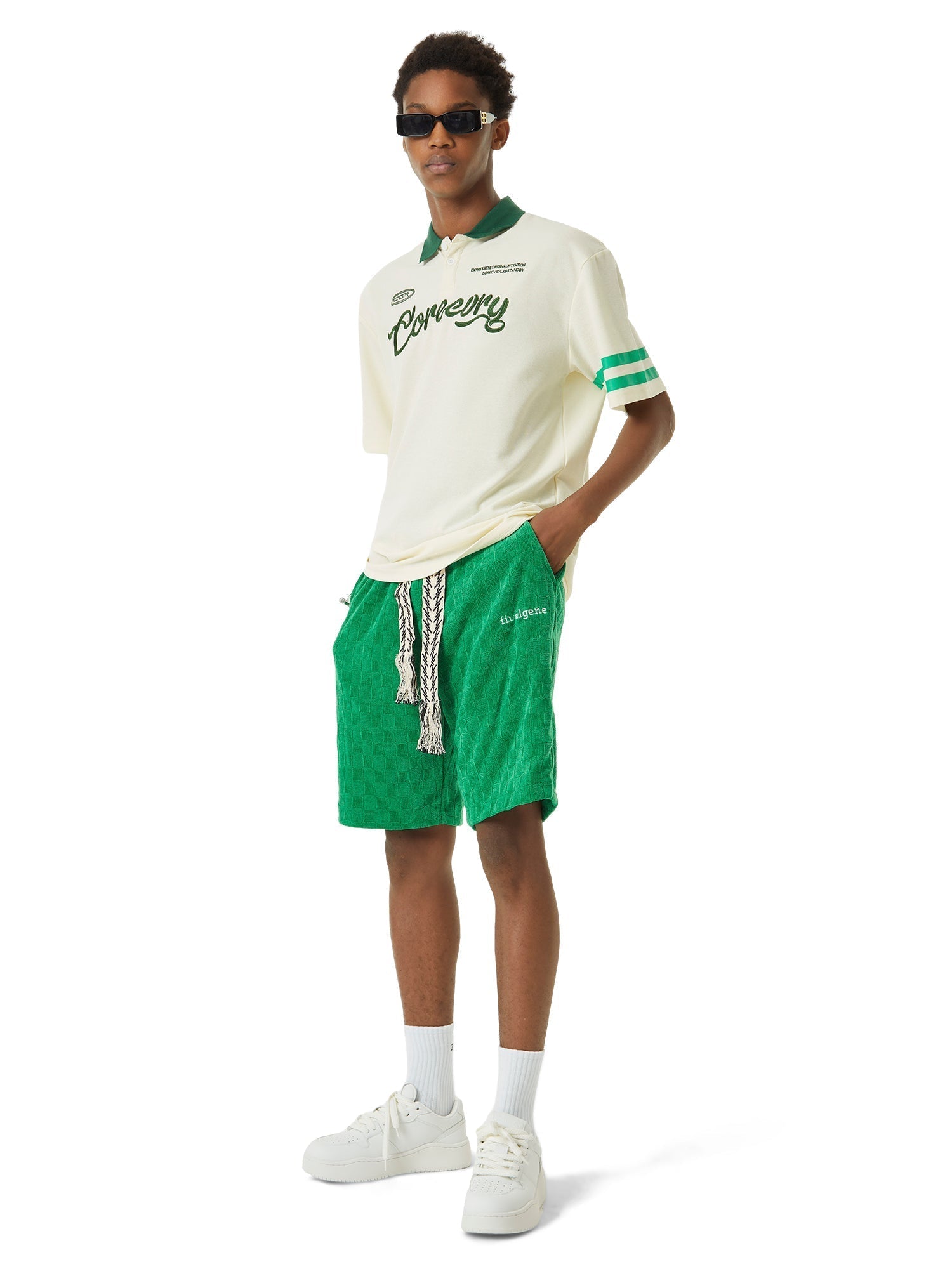 BEIGE SHORT SLEEVE POLO SHIRT WITH GREEN ACCENTS - TRENDY CASUAL