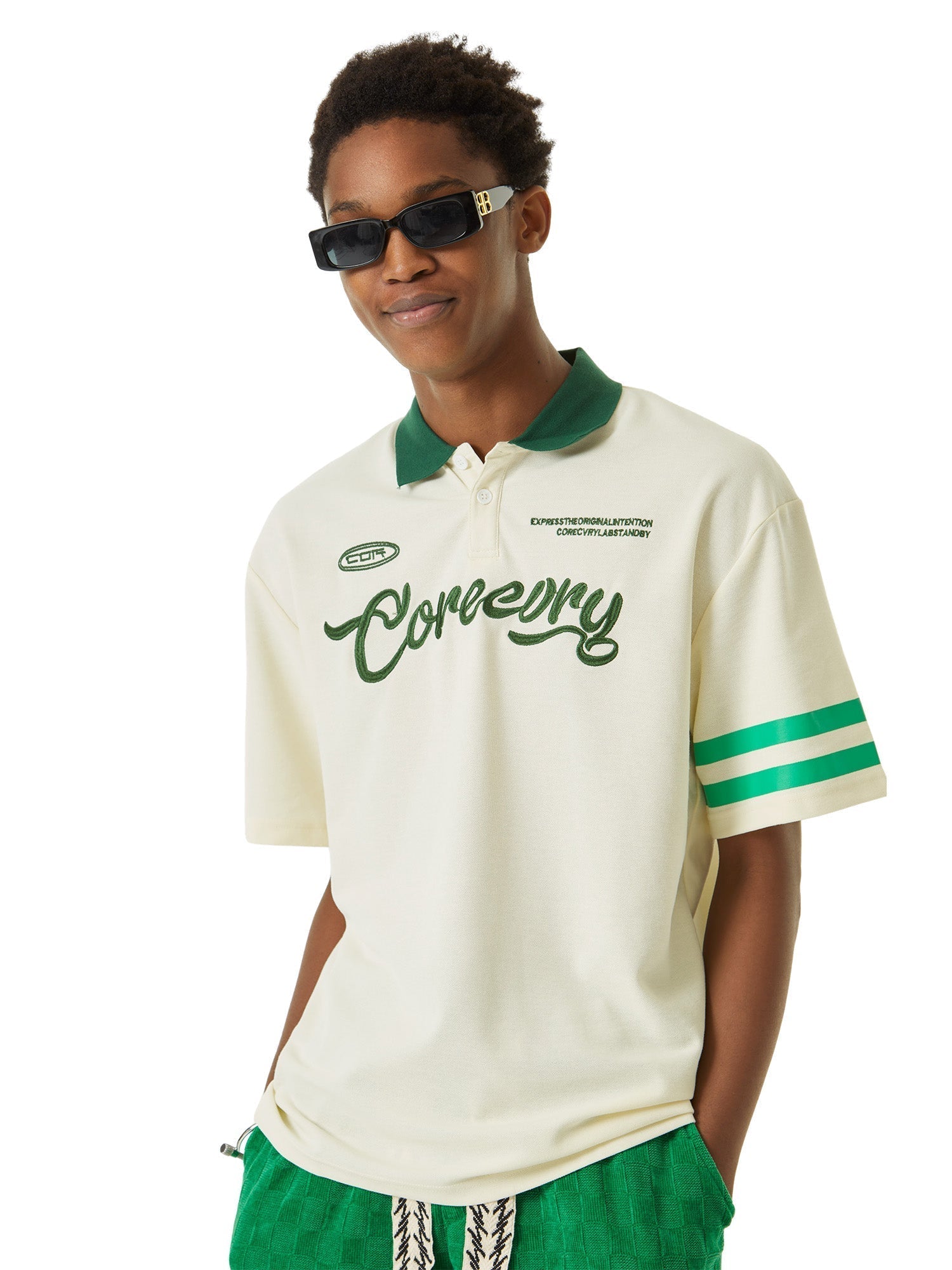 BEIGE SHORT SLEEVE POLO SHIRT WITH GREEN ACCENTS - TRENDY CASUAL