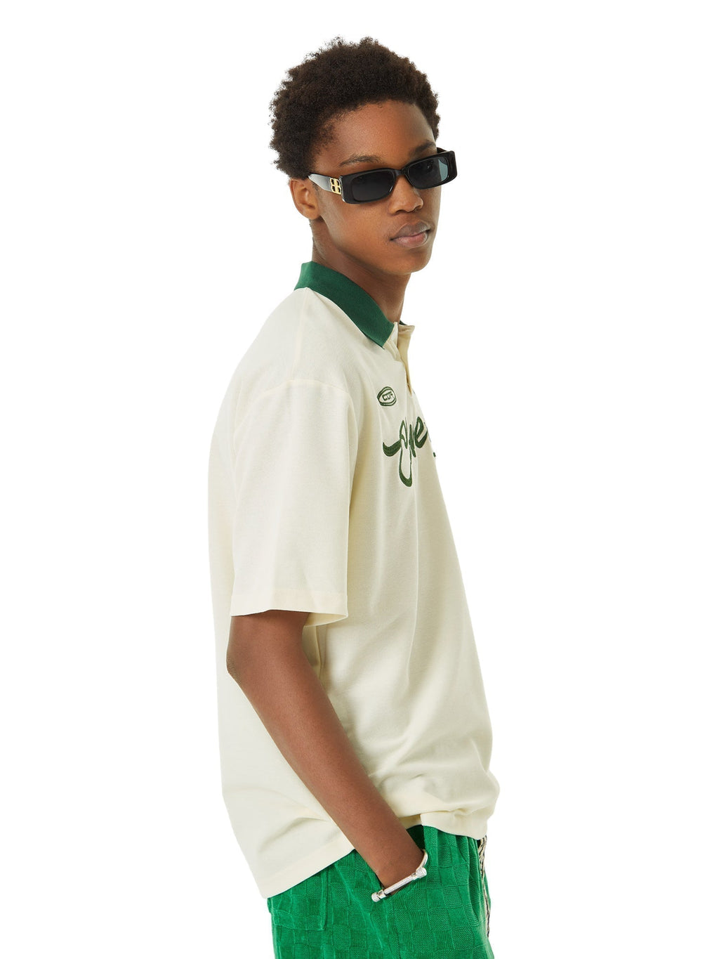 BEIGE SHORT SLEEVE POLO SHIRT WITH GREEN ACCENTS - TRENDY CASUAL