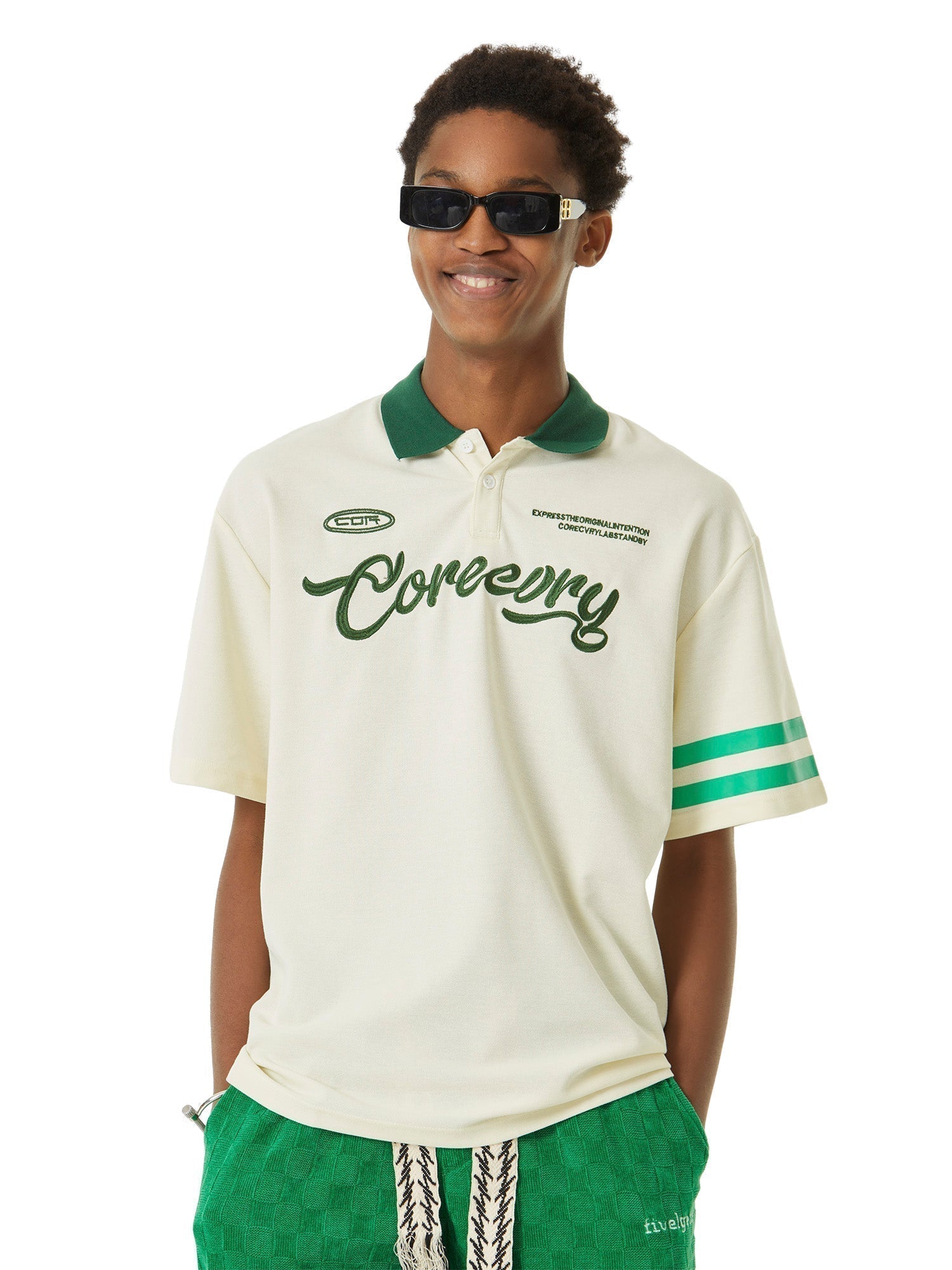 BEIGE SHORT SLEEVE POLO SHIRT WITH GREEN ACCENTS - TRENDY CASUAL