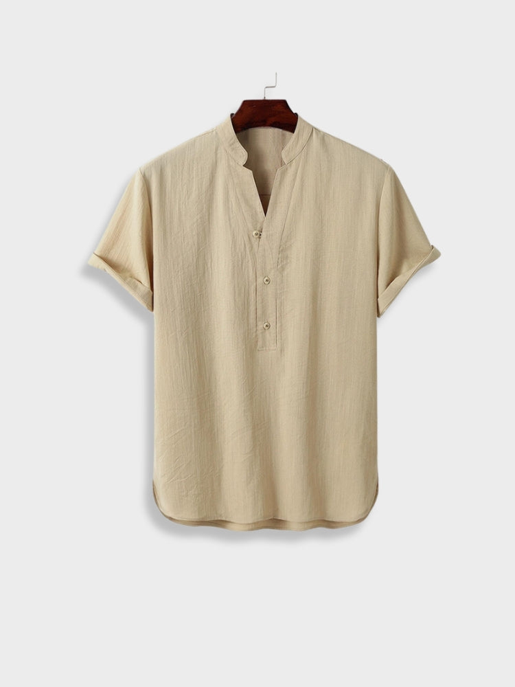 BEIGE SHORT-SLEEVED BUTTON-DOWN SHIRT VERSATILE HENLEY TEE