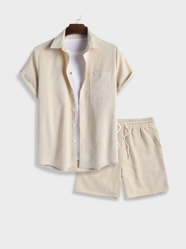 BEIGE SHORT-SLEEVED SHIRT AND SHORTS SET - TWO-PIECE PANTS SET