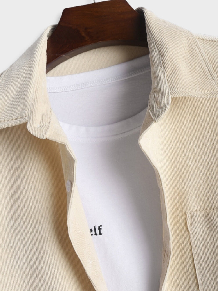 BEIGE SHORT-SLEEVED SHIRT DURABLE WARDROBE ESSENTIAL CORDUROY HEMD