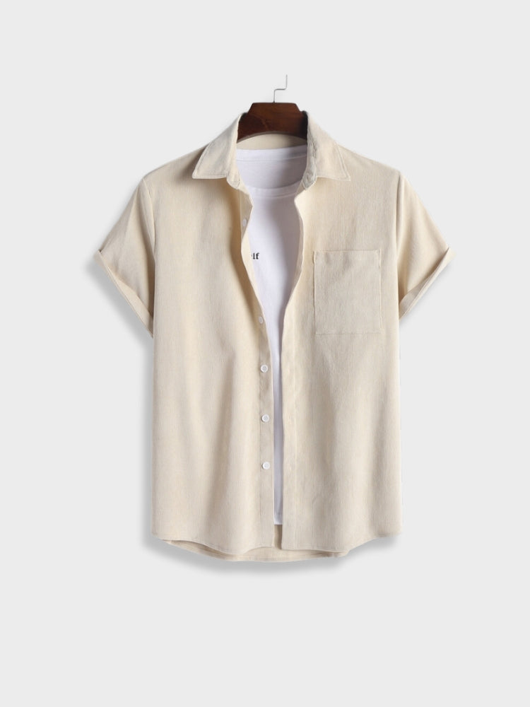 BEIGE SHORT-SLEEVED SHIRT DURABLE WARDROBE ESSENTIAL CORDUROY HEMD