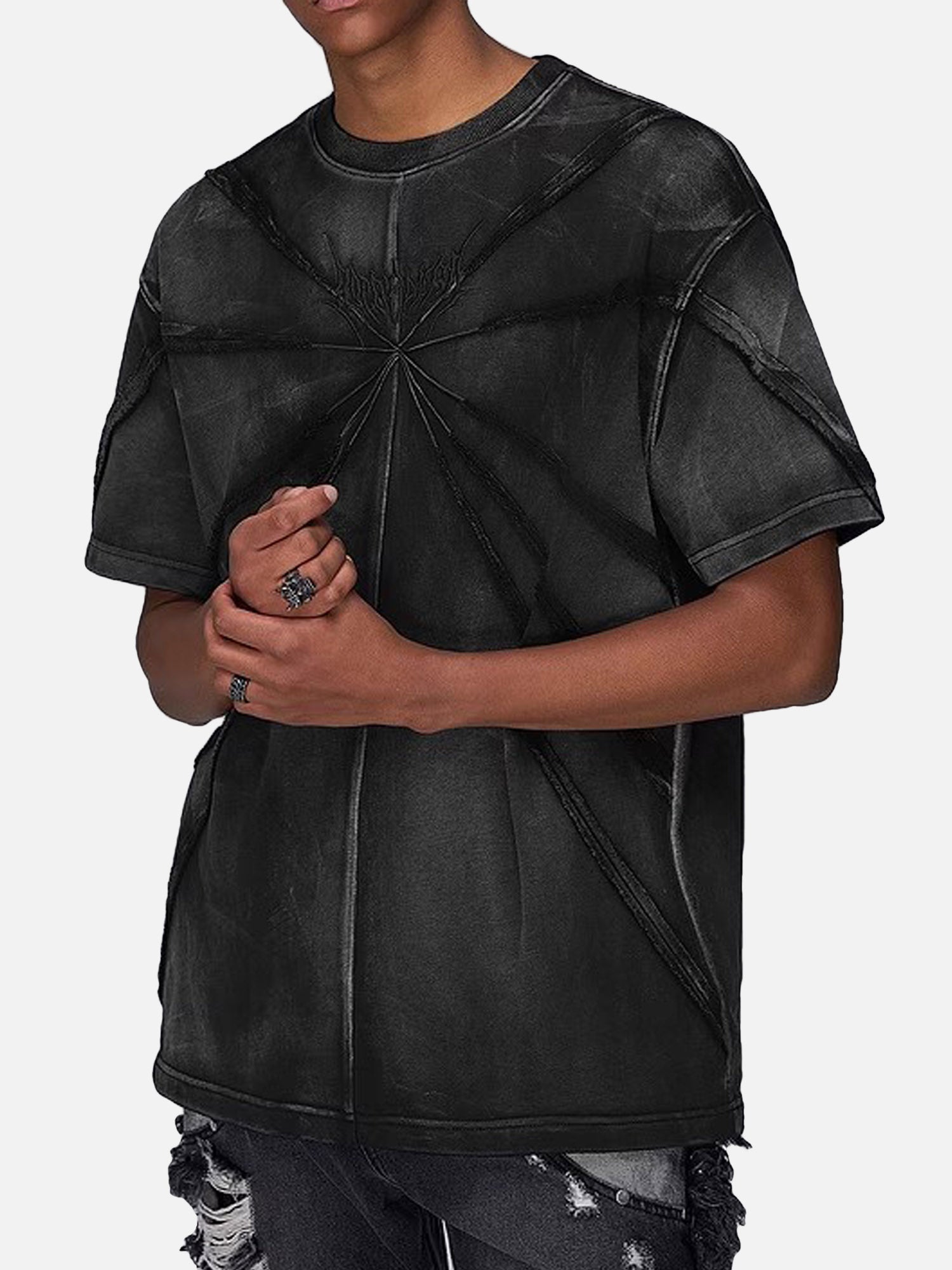 BEIGE SHORT-SLEEVED T-SHIRT WITH HEAVYWEIGHT SPLIT-EMBROIDERY